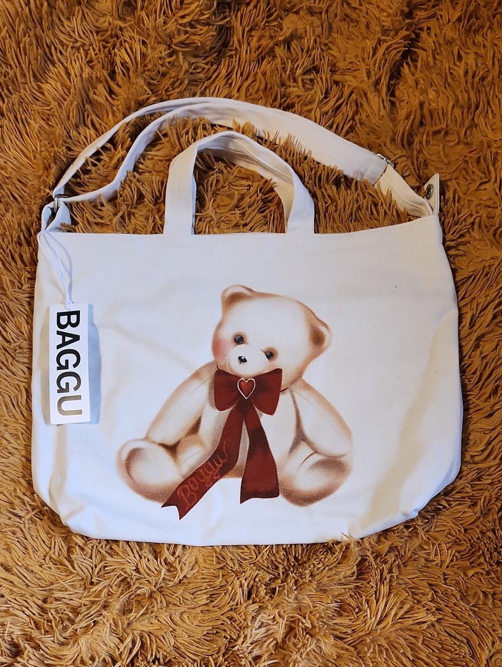 NWT Baggu White Horizontal Zip Duck Bag Tote with Teddy Print